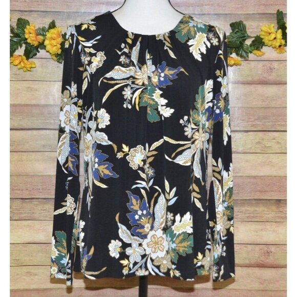 Liz Claiborne Career Ladies Black Floral Pleated Blouse Top Size M Long Sleeves - Picture 1 of 10